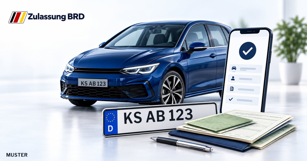 Online Fahrzeugzulassung in Immenhausen: Musterkennzeichen KS AB 123, Auto und Fahrzeugpapiere und Smartphone. Illustration mit Logo von Zulassung BRD.